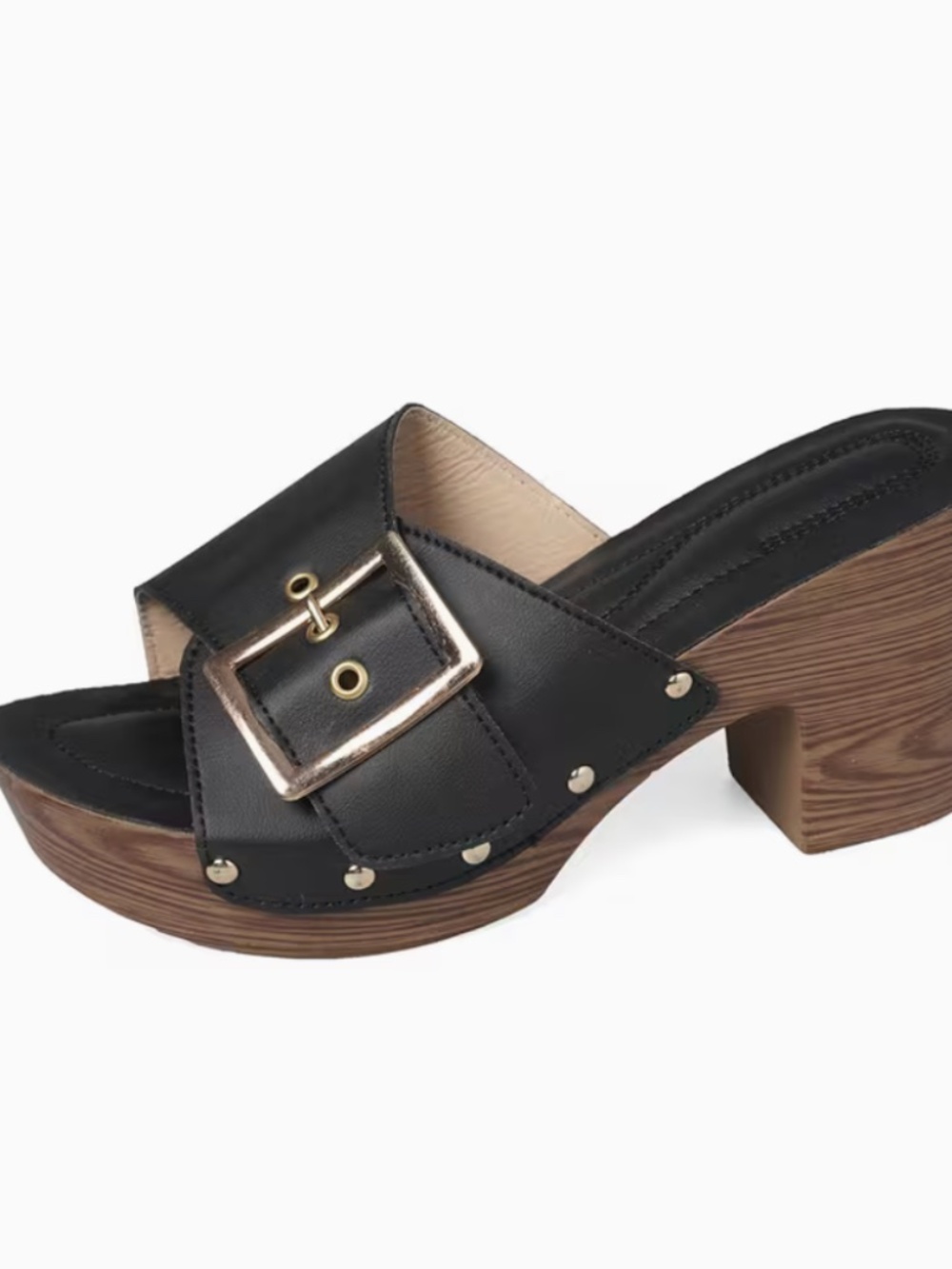 NEW Shein Black Chunky Platform Clog Mule Sandals with Studded Wooded Heel